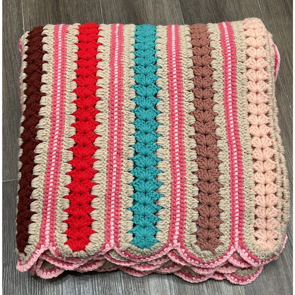 VTG 70s Handmade Crochet Afghan Blanket Striped Pink Retro Boho 65 X 79" Grandma